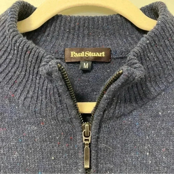 Paul Stuart  100% extra fine merino wool quarter zip blue flecked sweater - Picture 2 of 4